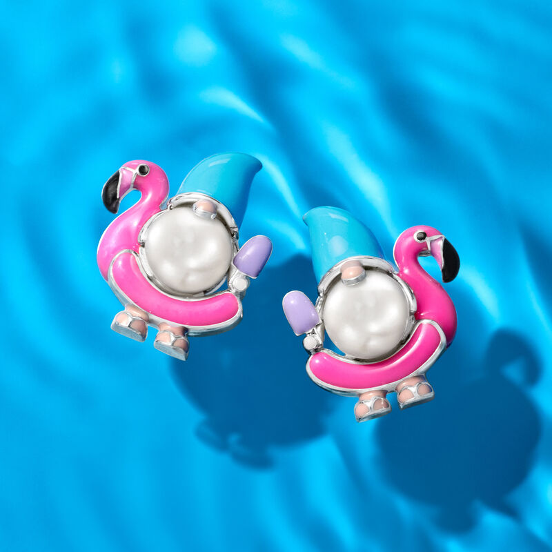 6.5-7mm Cultured Pearl and Multicolored Enamel Flamingo Floatie Gnome Earrings in Sterling Silver  image number 2