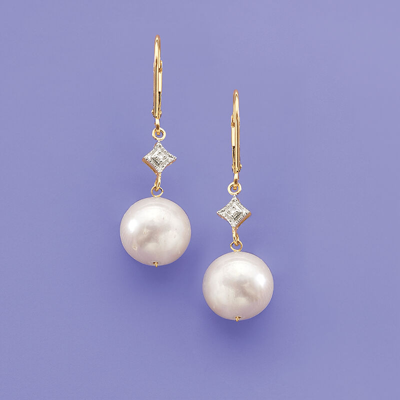 10.5-11mm Cultured Pearl Drop Earrings with Diamonds in 14kt Yellow Gold  image number 3