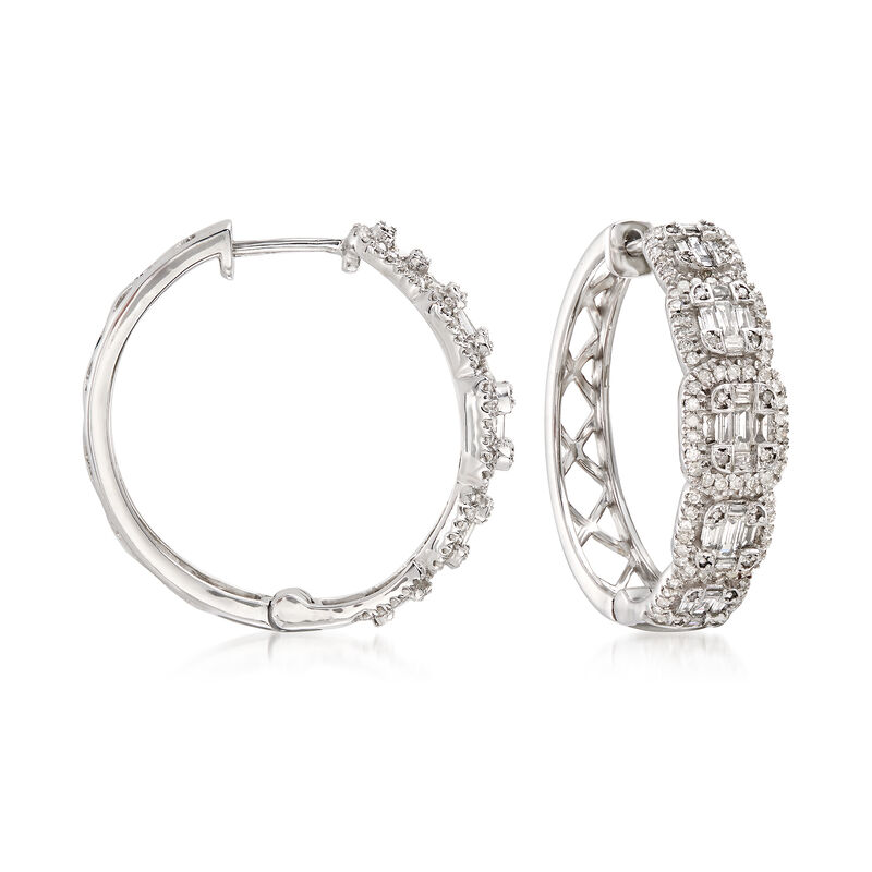 1.00 ct. t.w. Diamond Hoop Earrings in 14kt White Gold. 7/8&quot; image number 0