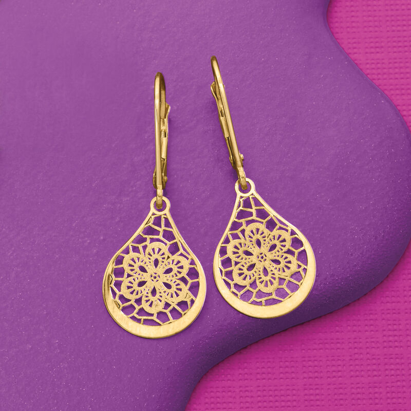 Italian 14kt Yellow Gold Openwork Floral Lace Teardrop Earrings  image number 2