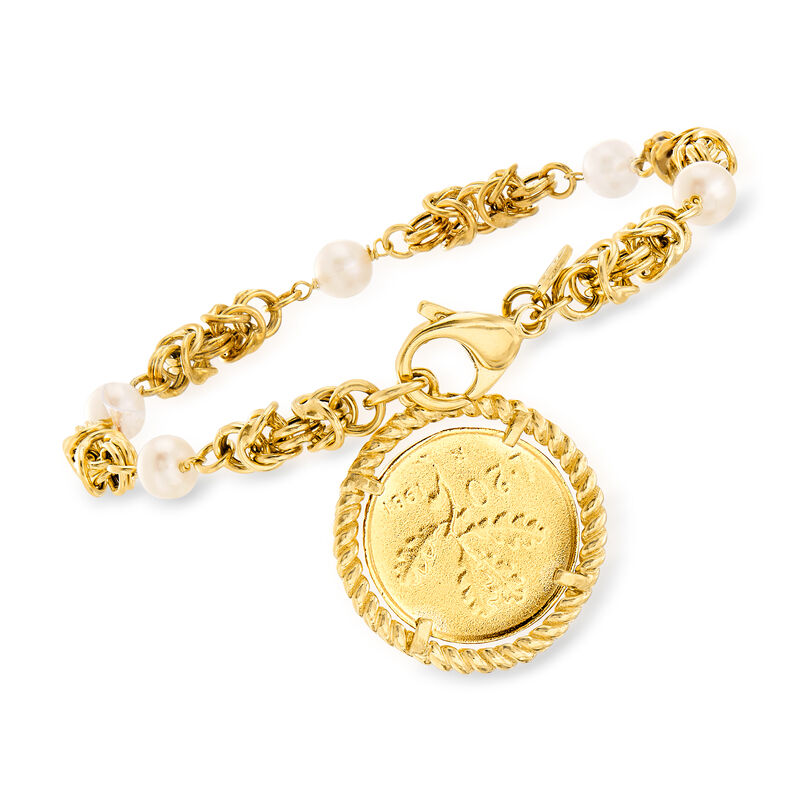 Italian 6mm Cultured Pearl and Replica Lira Coin Byzantine Bracelet in 18kt Gold Over Sterling  image number 2