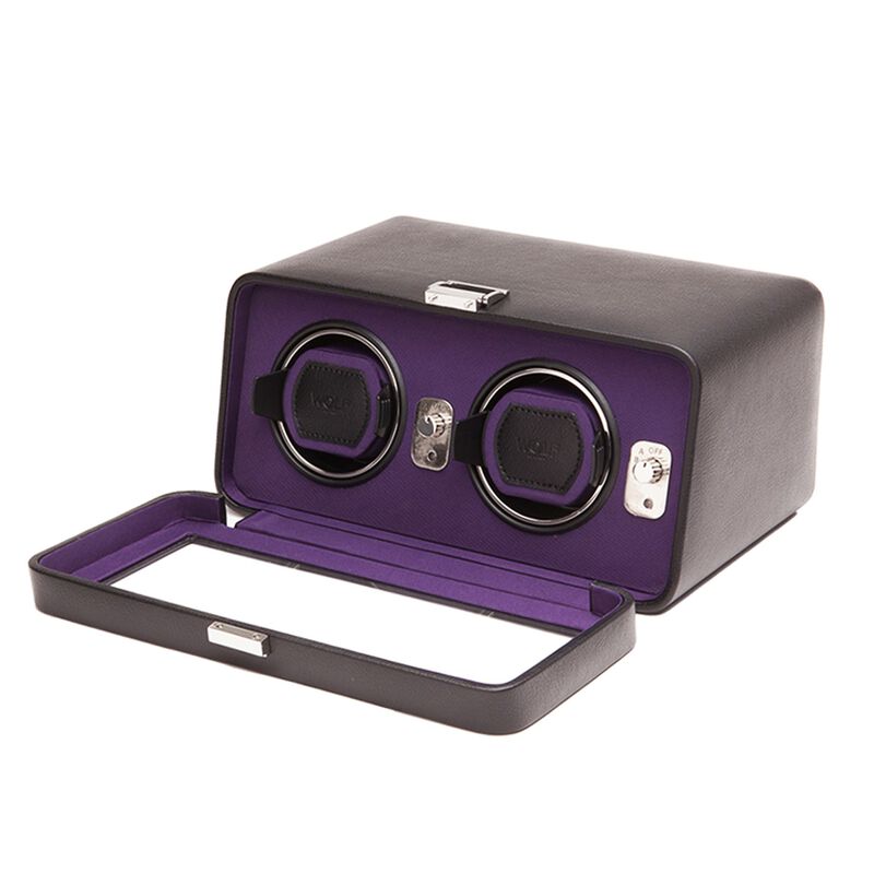 &quot;Windsor&quot; Black and Purple Double Watch Winder with Cover by Wolf Designs image number 1
