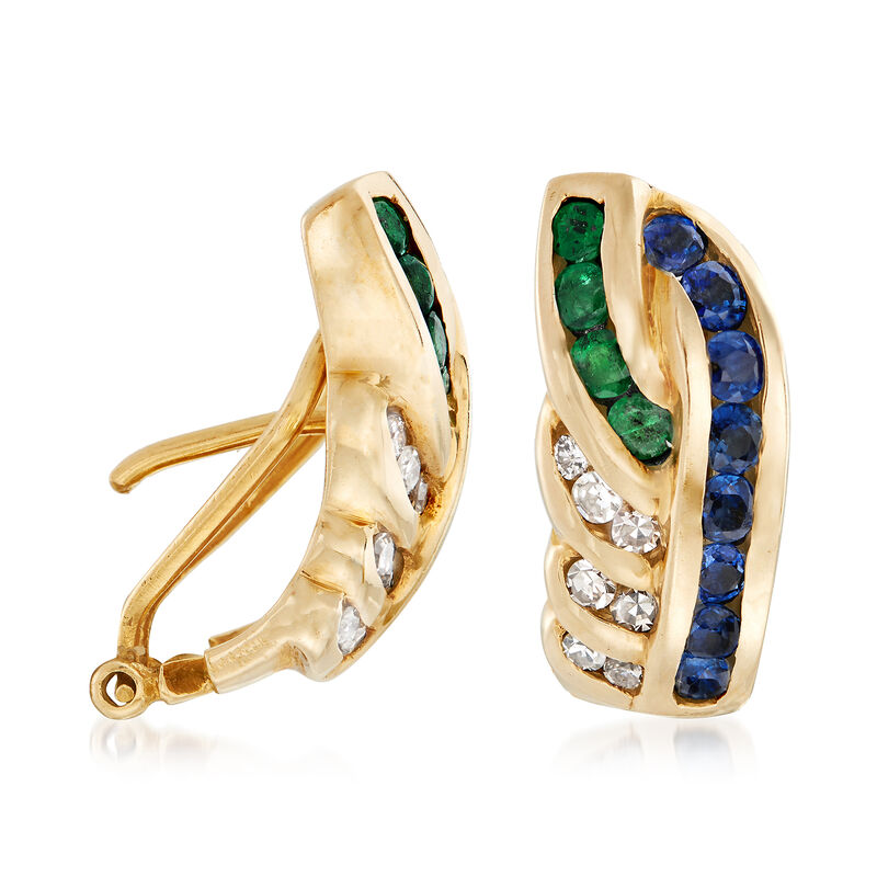 C. 1980 Vintage 1.25 ct. t.w. Sapphire and .50 ct. t.w. Emerald Earrings with Diamonds in 14kt Yellow Gold  image number 2