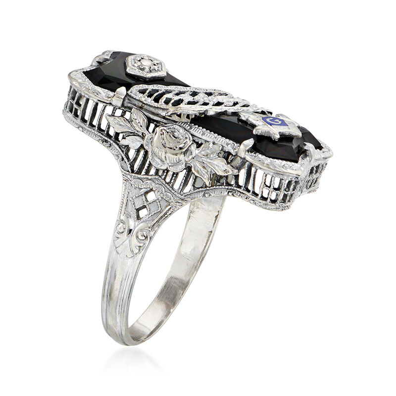 C. 1960 Vintage Diamond-Accented Black Onyx Masonic Ring in 14kt White Gold image number 2