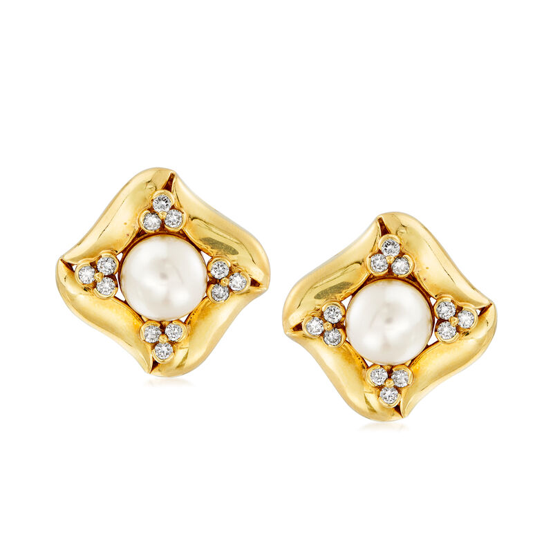 C. 1980 Vintage Cultured Pearl and 1.00 ct. t.w. Diamond Clip-On Earrings in 18kt Yellow Gold image number 0