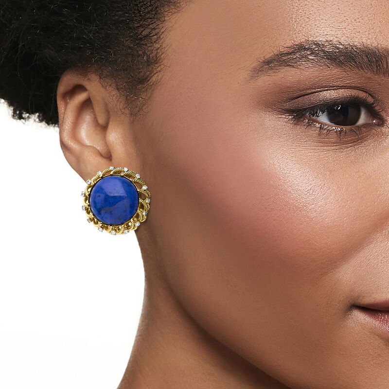 C. 1970 Vintage Lapis and .55 ct. t.w. Diamond Clip-On Earrings in 14kt Yellow Gold