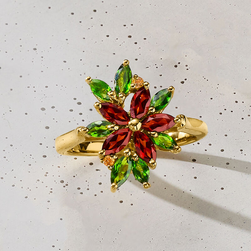 1.20 ct. t.w. Garnet and .90 ct. t.w. Chrome Diopside Flower Ring with Citrines in 18kt Gold Over Sterling image number 3