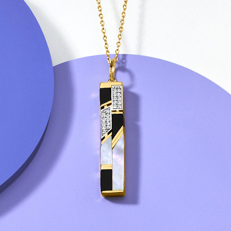 Mother-Of Pearl and Onyx Pendant Necklace with .10 ct. t.w. White Topaz in 18kt Yellow Gold Over Sterling. 18&quot; image number 3