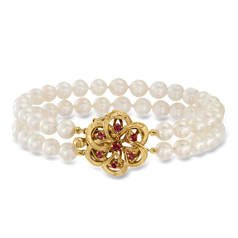 C. 1980 Vintage 5.5mm Cultured Pearl Two-Strand Bracelet with .30 ct. t.w. Rubies in 14kt Yellow Gold. 7" image number 0