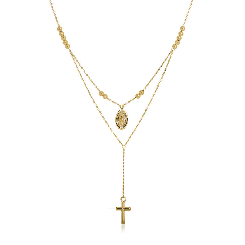 14kt Yellow Gold Duo Virgin Mary and Cross Necklace image number 0