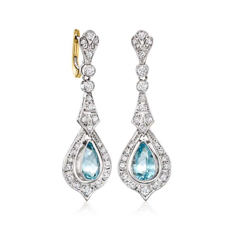 C. 1930 Vintage 3.00 ct. t.w. Aquamarine and 1.10 ct. t.w. Diamond Drop Earrings in Platinum image number 2
