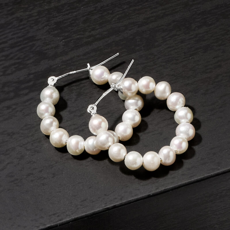 4-5mm Cultured Pearl Hoop Earrings in Sterling Silver. 7/8&quot; image number 2
