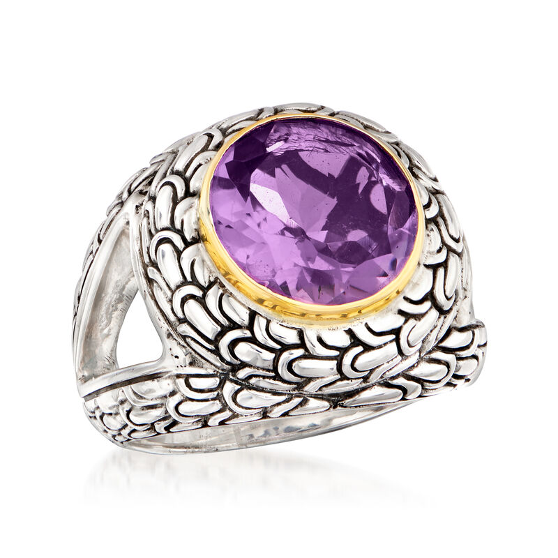 2.30 Carat Amethyst Scrollwork Ring in Sterling Silver with 14kt Yellow Gold image number 3
