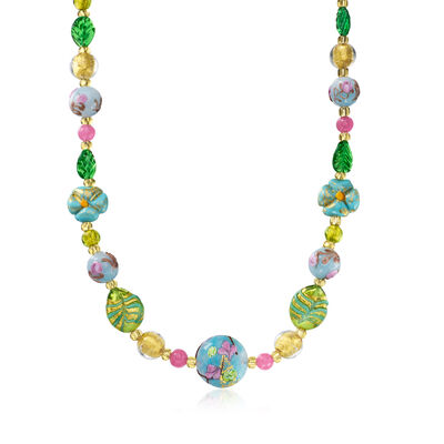 Italian Multicolored Murano Glass Bead Floral Necklace with 18kt Gold Over Sterling