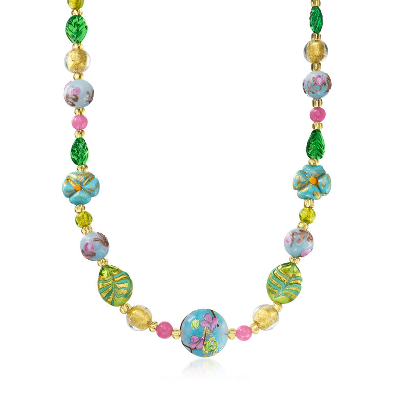Italian Multicolored Murano Glass Bead Floral Necklace with 18kt Gold Over Sterling. 18" image number 0