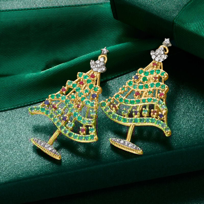 1.40 ct. t.w. Multi-Gemstone Christmas Tree Drop Earrings in 18kt Gold Over Sterling  image number 2