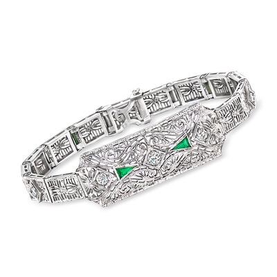 C. 1950 Vintage .35 ct. t.w. Diamond and Synthetic Emerald Filigree Bracelet in 14kt White Gold