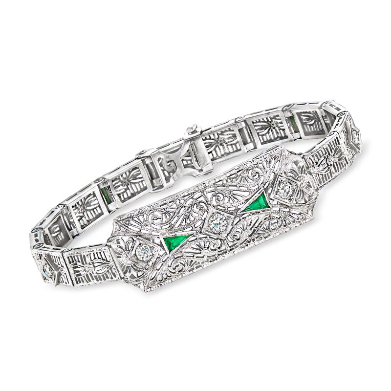 C. 1950 Vintage .35 ct. t.w. Diamond and Synthetic Emerald Filigree Bracelet in 14kt White Gold. 6.5" image number 0