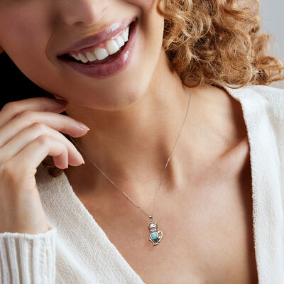 Larimar Cat Pendant Necklace with Simulated Sapphires in Sterling Silver