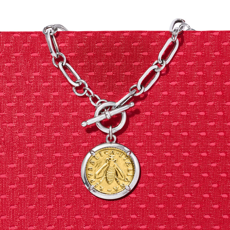 Italian Sterling Silver and 18kt Gold Over Sterling Replica Bumblebee Lira Coin Paper Clip Link Toggle Necklace image number 5