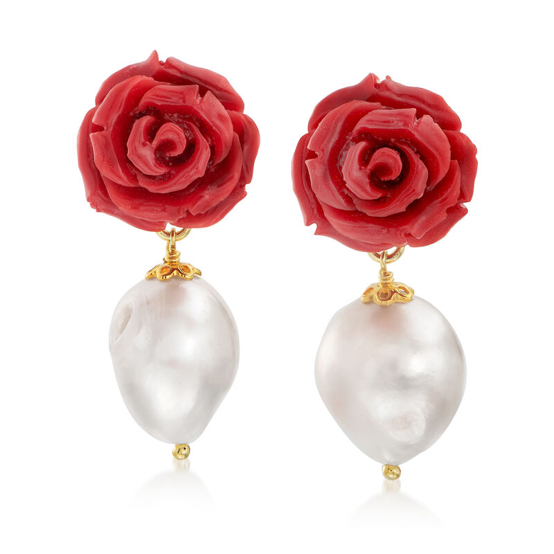 Italian Simulated Red Coral and 12-14mm Cultured Pearl Rose Drop Earrings with 18kt Gold Over Sterling image number 0