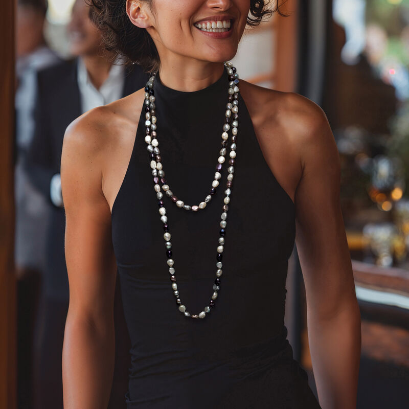 10-11mm Multicolored Cultured Baroque Pearl Long Endless Necklace with Sterling Silver Shortener. 64&quot; image number 2