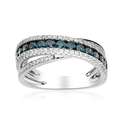 1.20 ct. t.w. Blue and White Diamond Crisscross Ring in 14kt White Gold