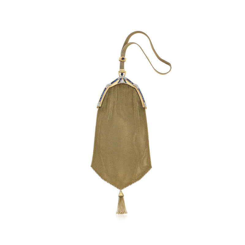 C. 1900 Vintage 3.80 ct. t.w. Sapphire and .55 ct. t.w. Diamond Mesh Purse in 14kt Yellow Gold image number 0