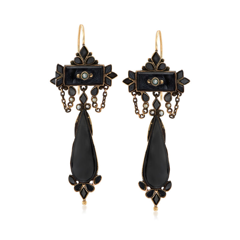 C. 1930 Vintage Black Onyx and 1-2mm Cultured Pearl Drop Earrings in 14kt Yellow Gold image number 0