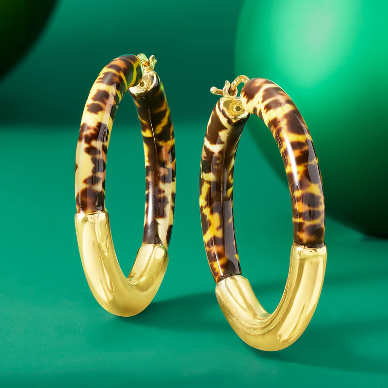 Italian Leopard-Print Enamel and 18kt Gold Over Sterling Hoop Earrings image number 4