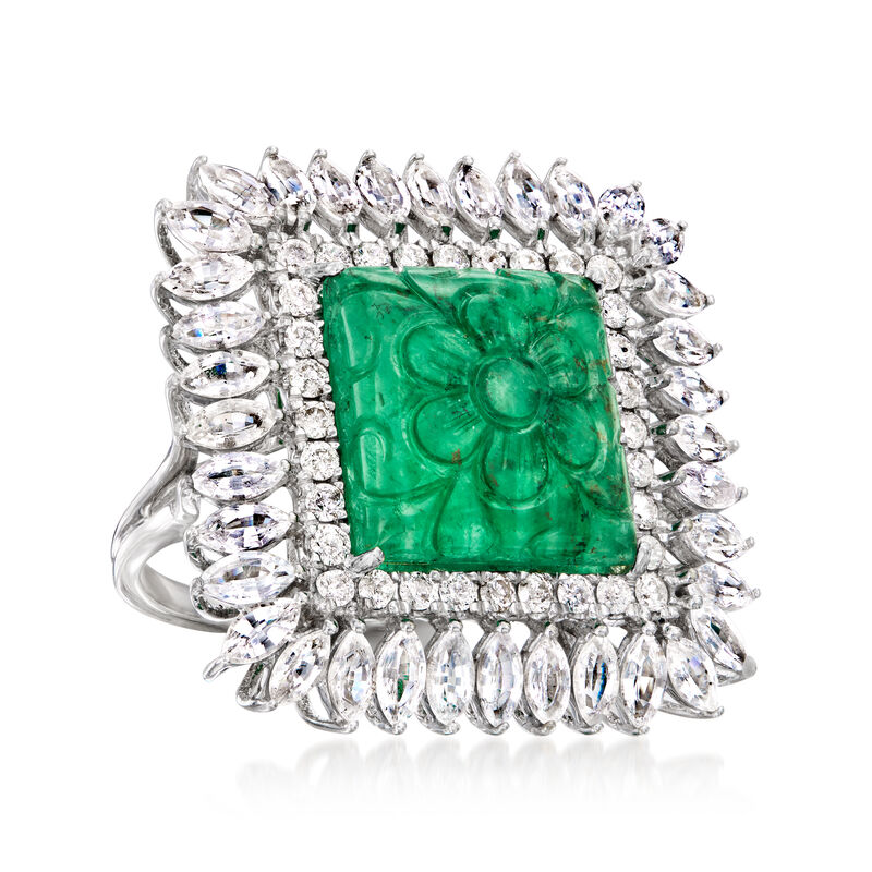 7.00 Carat Emerald Ring with 3.20 ct. t.w. White Sapphires and .56 ct. t.w. Diamonds in 18kt White Gold image number 3