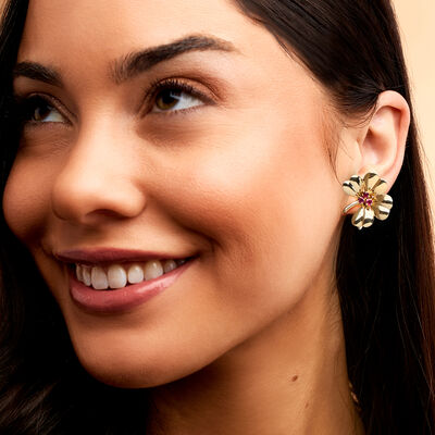 C. 1950 Vintage .60 ct. t.w. Ruby Clover Earrings in 14kt Yellow Gold