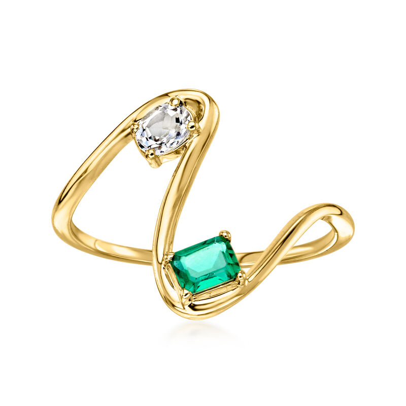 .20 Carat Lab-Grown White Sapphire and .20 Carat Lab-Grown Emerald Wavy Ring in 10kt Yellow Gold image number 0