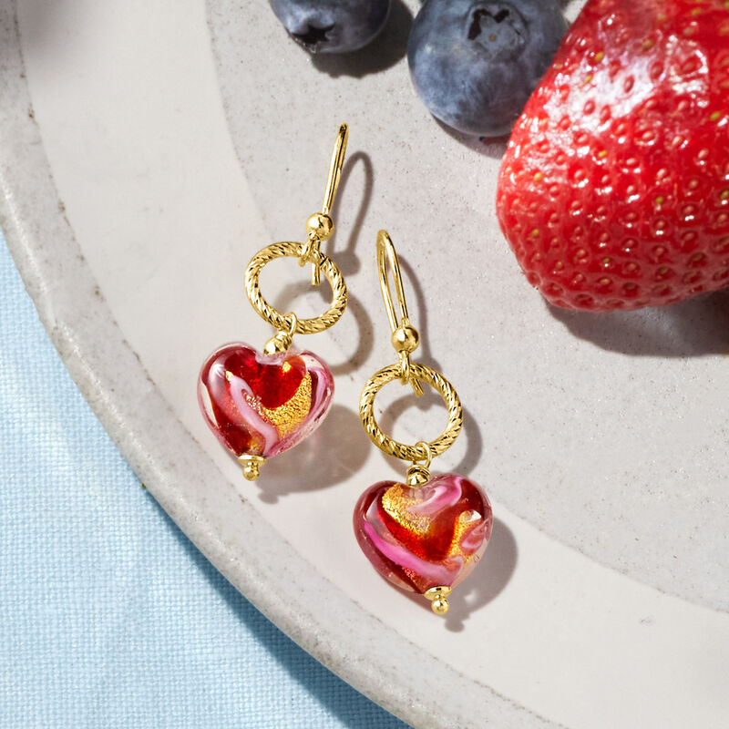 Italian Red and Pink Murano Glass Heart Drop Earrings in 18kt Gold Over Sterling image number 3