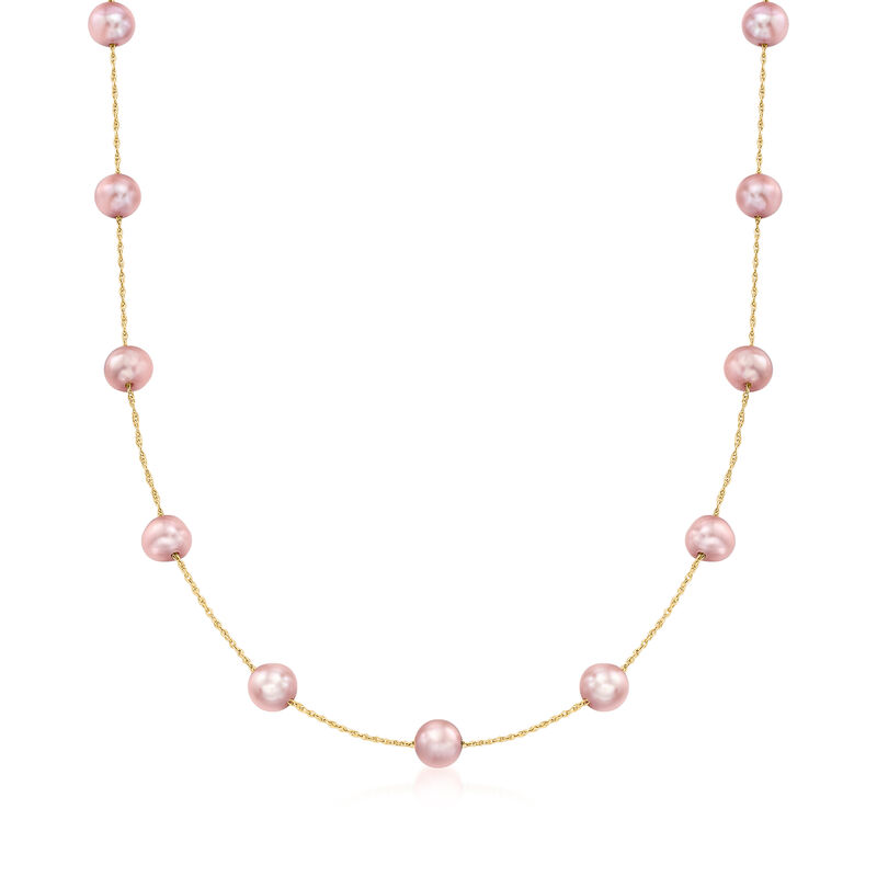 6-6.5mm Pink Cultured Pearl Station Necklace in 14kt Yellow Gold image number 0