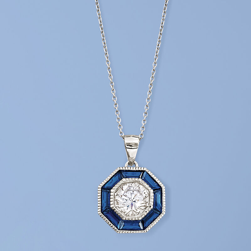 1.50 Carat CZ and 1.20 ct. t.w. Simulated Sapphire Pendant Necklace in Sterling Silver image number 2