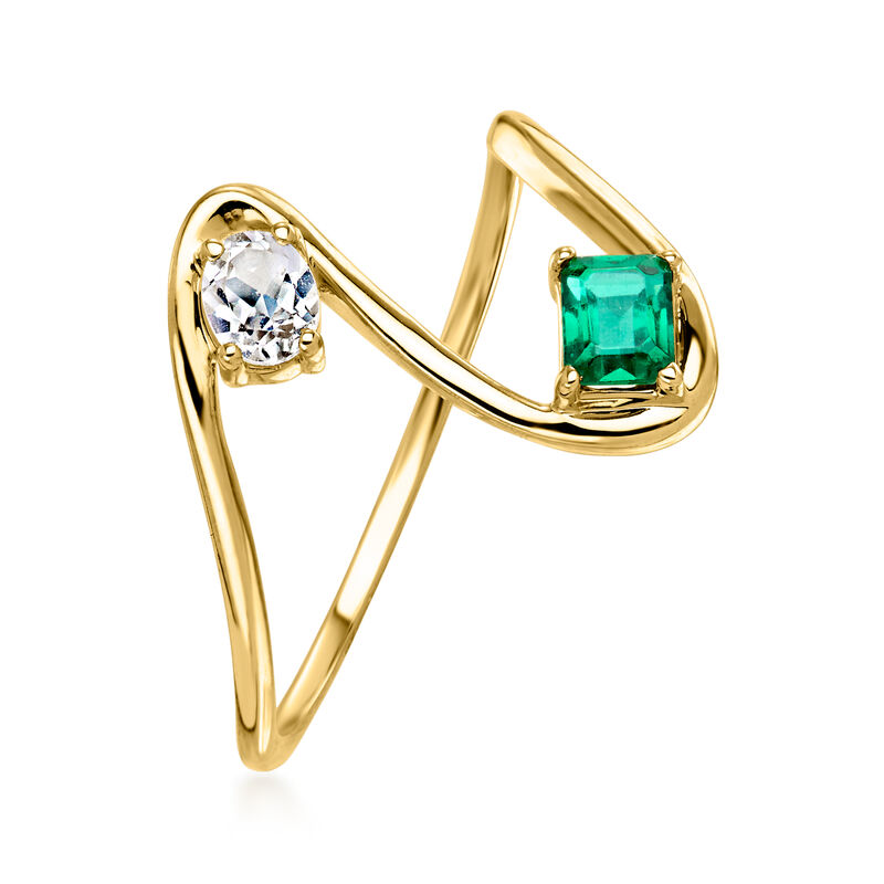.20 Carat Lab-Grown White Sapphire and .20 Carat Lab-Grown Emerald Wavy Ring in 10kt Yellow Gold image number 2