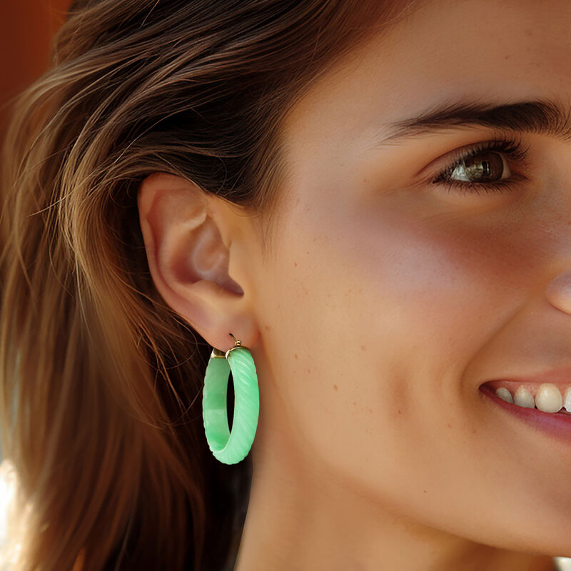 Carved Jade Hoop Earrings with 14kt Yellow Gold. 1 1/2&quot; image number 1
