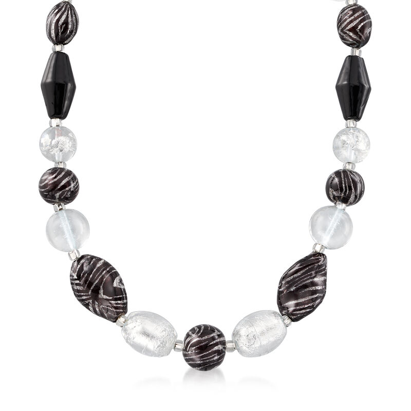 4-20mm Zebra-Print Murano Glass Bead Necklace with Sterling Silver image number 0