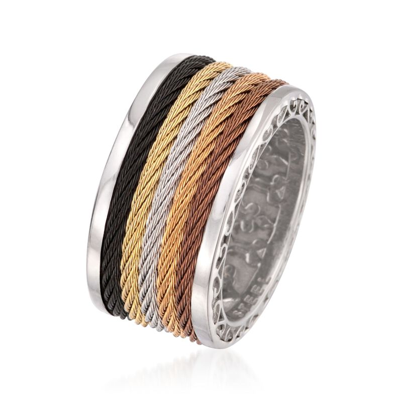 ALOR "Modern Cable Mix" Multicolored Stainless Steel Cable Ring with 18kt White Gold image number 2