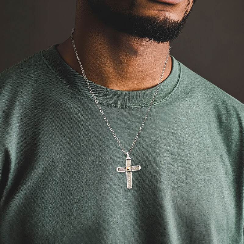 ALOR Men's Gray Stainless Steel Cable Cross Necklace with 14kt Yellow Gold. 22" image number 0