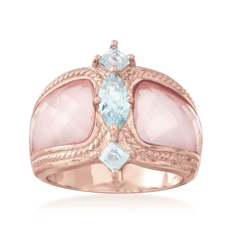 Rose Quartz and 1.10 ct. t.w. Blue Topaz Ring in 18kt Rose Gold Over Sterling image number 0