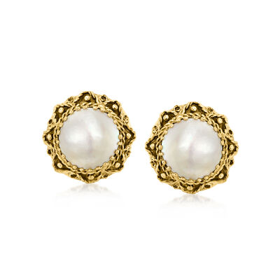 C. 1970 Vintage 12mm Cultured Pearl Fancy-Frame Earrings in 14kt Yellow Gold