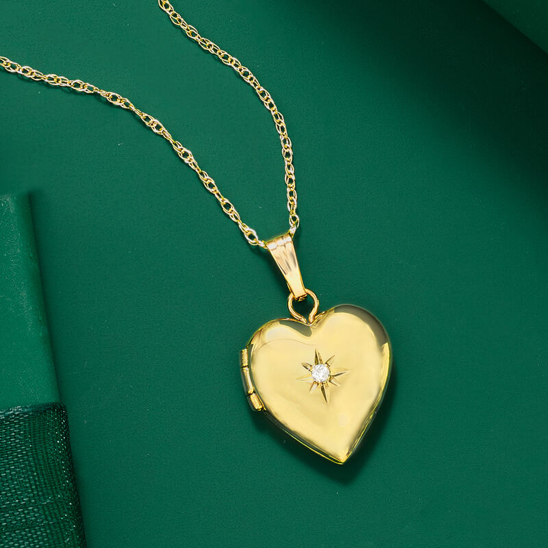 Child's 14kt Yellow Gold Small Heart Locket Necklace with Single Diamond. 15" image number 2