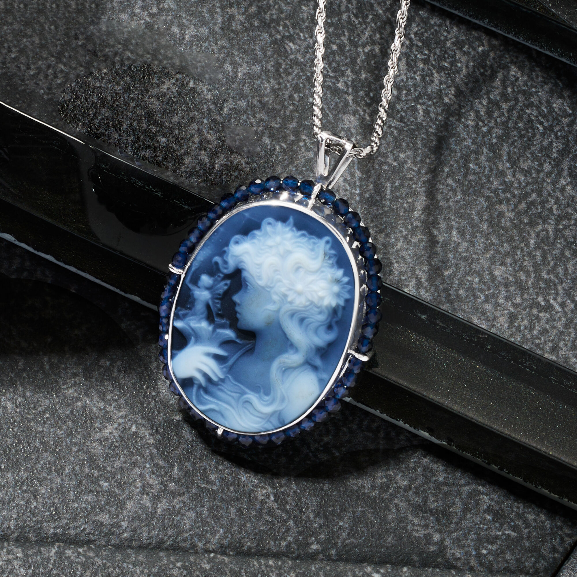 Italian Blue Agate Girl with Fairy Cameo Pin/Pendant with Italian Blue Agate Girl with Fairy Cameo Pin/Pendant with