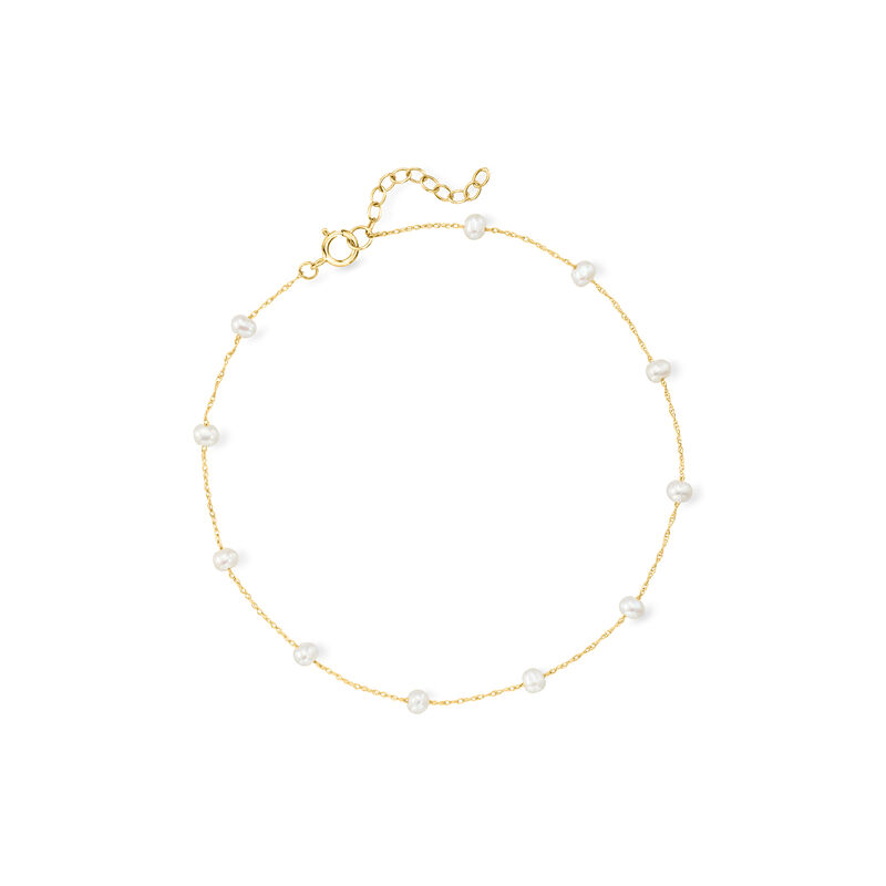 3-3.5mm Cultured Pearl Station Anklet in 14kt Yellow Gold. 9&quot; image number 0