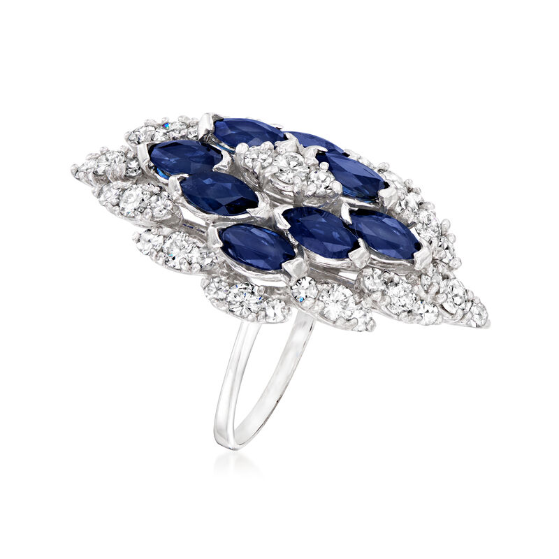 C. 1970 Vintage 2.40 ct. t.w. Sapphire and 1.85 ct. t.w. Diamond Marquise-Shaped Ring in 14kt White Gold. Size 6 image number 2