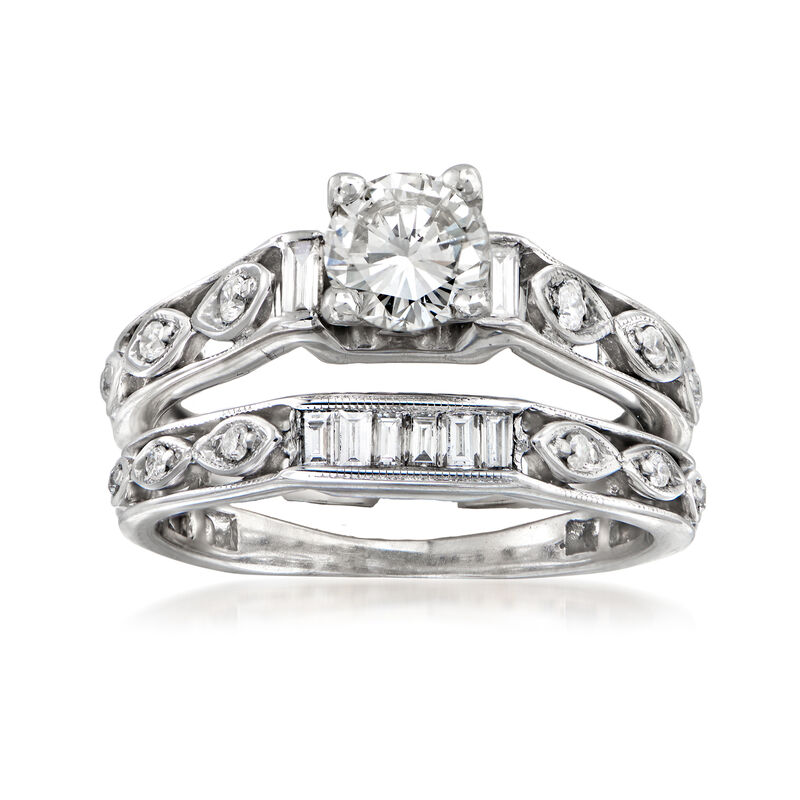 C. 2000. Vintage 1.34 ct. t.w. Diamond Bridal Set: Engagement and Wedding Rings in 18kt White Gold. Size 8 image number 0