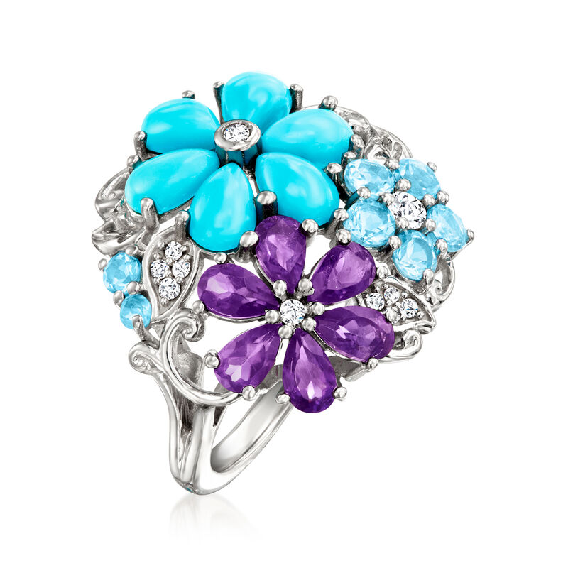 1.80 ct. t.w. Multi-Gemstone and Turquoise Flower Ring in Sterling Silver image number 2
