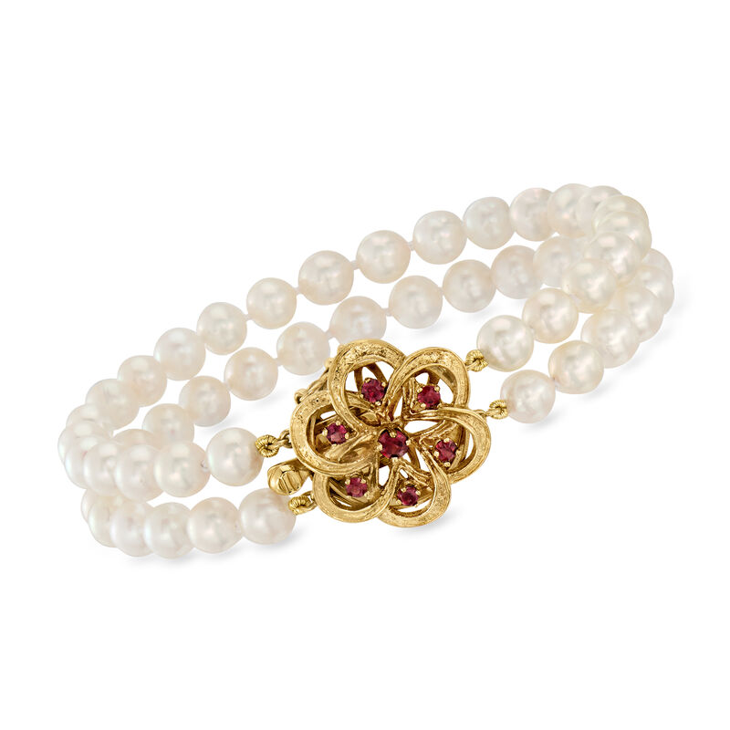 C. 1980 Vintage 5.5mm Cultured Pearl Two-Strand Bracelet with .30 ct. t.w. Rubies in 14kt Yellow Gold. 7" image number 0